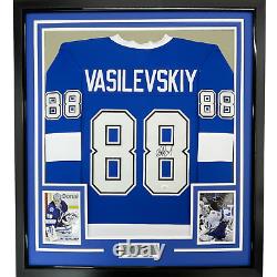 Framed Autographed/Signed Andrei Vasilevskiy 33x42 Tampa Bay Blue Jersey PSA COA