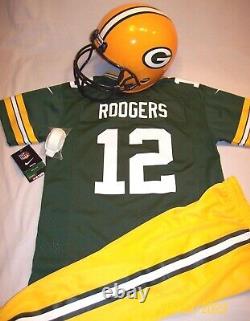 Nwt Green Bay Packers Youth Medium Aaron Rodgers Football Jersey Uniform Helmet