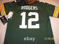 Nwt Green Bay Packers Youth Medium Aaron Rodgers Football Jersey Uniform Helmet