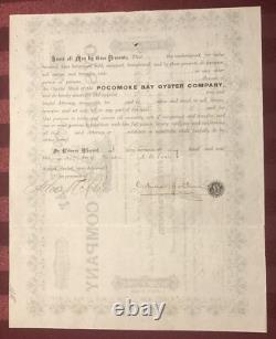 Pocomoke Bay Oyster Co NJ / MD VA connections 1886 stock certificate not tin can