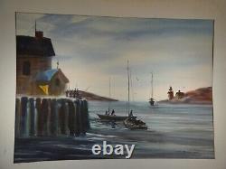 Watercolor by Joseph Rossi (New Jersey), fishing folks, boats, bay, 28x22