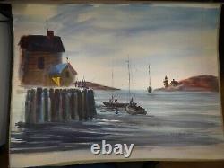 Watercolor by Joseph Rossi (New Jersey), fishing folks, boats, bay, 28x22