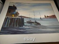 Watercolor by Joseph Rossi (New Jersey), fishing folks, boats, bay, 28x22