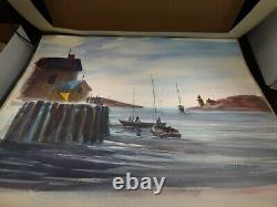 Watercolor by Joseph Rossi (New Jersey), fishing folks, boats, bay, 28x22