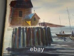 Watercolor by Joseph Rossi (New Jersey), fishing folks, boats, bay, 28x22