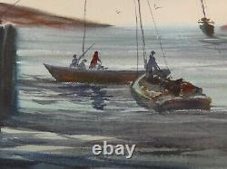 Watercolor by Joseph Rossi (New Jersey), fishing folks, boats, bay, 28x22