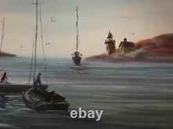 Watercolor by Joseph Rossi (New Jersey), fishing folks, boats, bay, 28x22
